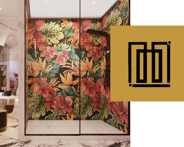 Custom floral glass mosaic wall panel in a luxury interior by Zakiah Marble
